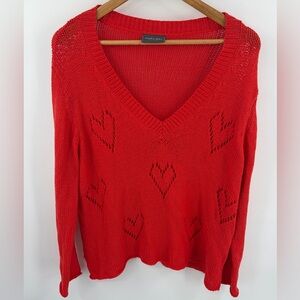Wooden Ships Aimee v-neck red cotton heart knit sweater women’s size S/M